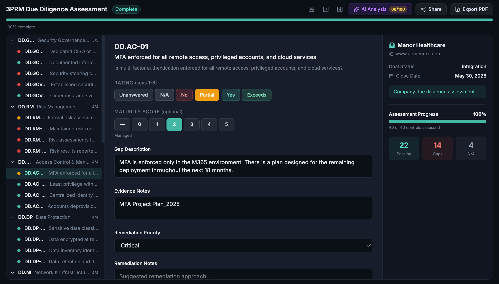 Due Diligence Assessment showing control-by-control evaluation with ratings, gaps, and AI scoring